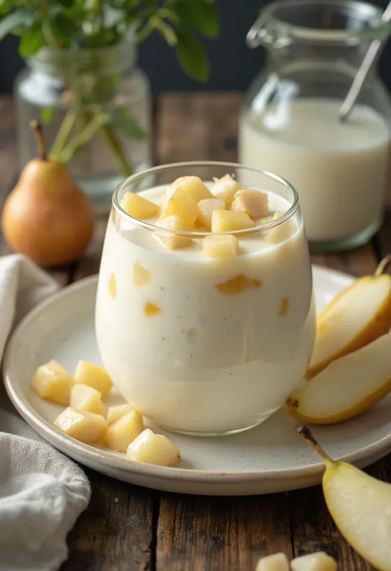 Probiotikus körtés kefir poharakban, friss körtedarabokkal tálalva