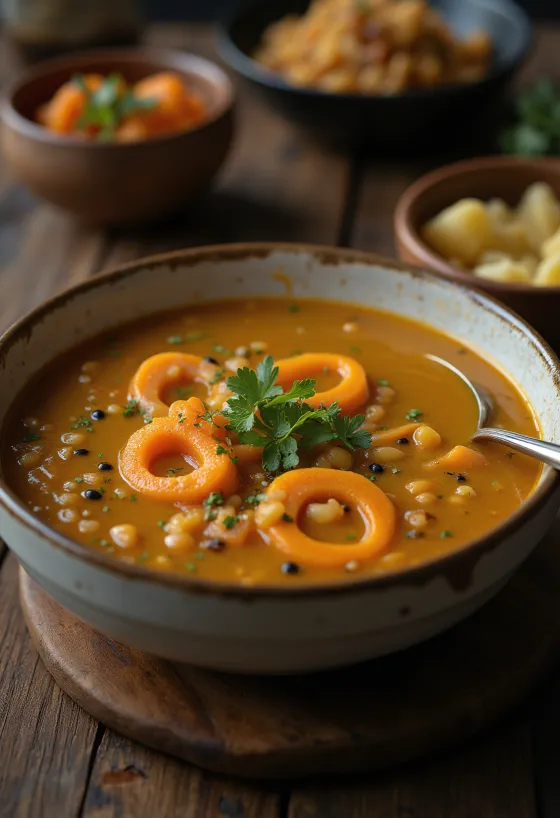 Sambar sárgarépával tálalva, fűszeres és ínycsiklandó indiai étel