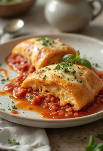Stromboli paradicsomszósszal tálalva, gazdag paradicsomszósszal és olvadt mozzarellával a tetején, kívül ropogós és belül puha.