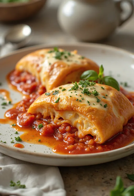 Stromboli paradicsomszósszal tálalva, gazdag paradicsomszósszal és olvadt mozzarellával a tetején, kívül ropogós és belül puha.