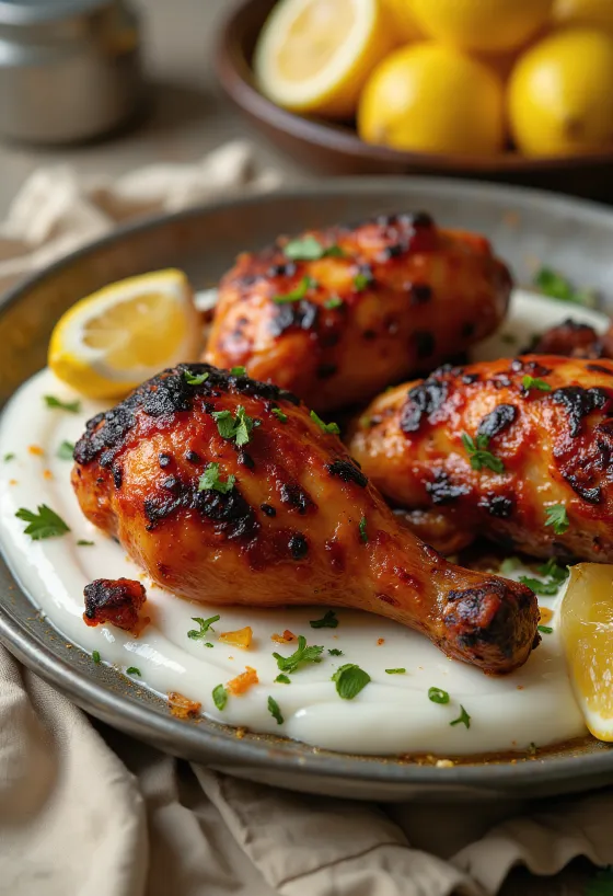 Tandoori csirkecomb, naan kenyérrel és friss salátával tálalva