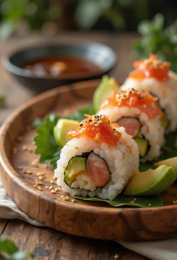 Temaki kimchivel, lazaccal és avokádóval tálalva