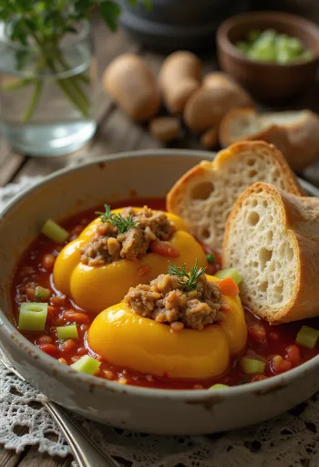 Töltött paprika paradicsomszószban, rizzsel és darált hússal töltve