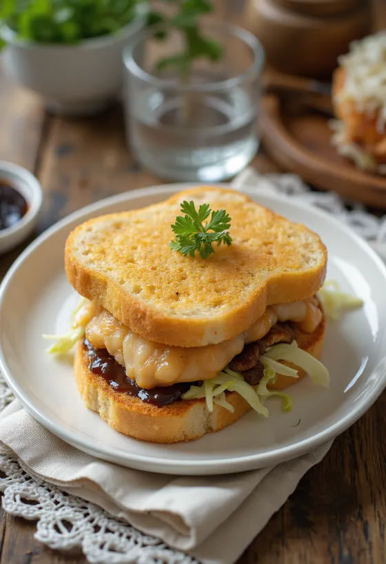Tonkatsu sando, friss káposztával és kecsappal mustárral