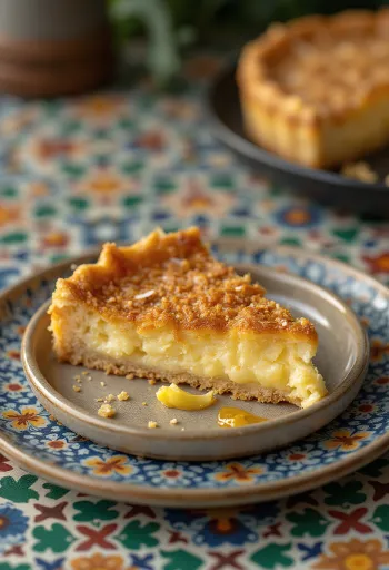 Treacle tart kókuszreszelékkel, frissen sütve, aranybarnára sülve