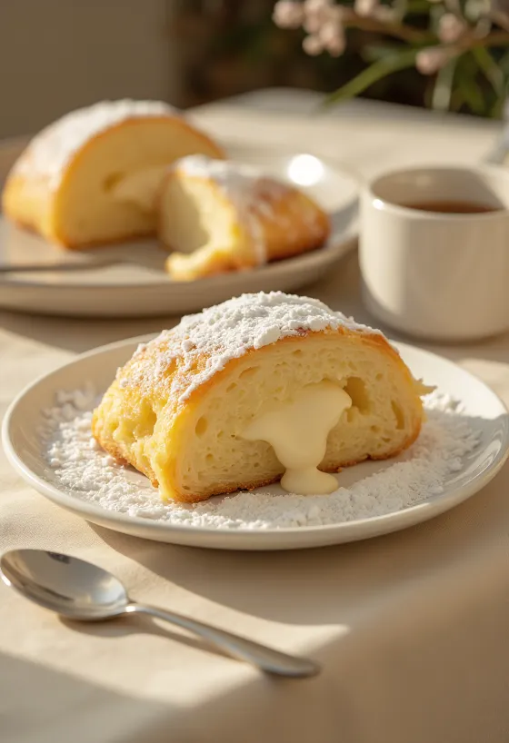 Vaníliakrémes Stollen szeletelve, porcukorral meghintve