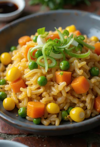 Vegán sült rizs zöldségekkel, frissen tálalva egy wokban.
