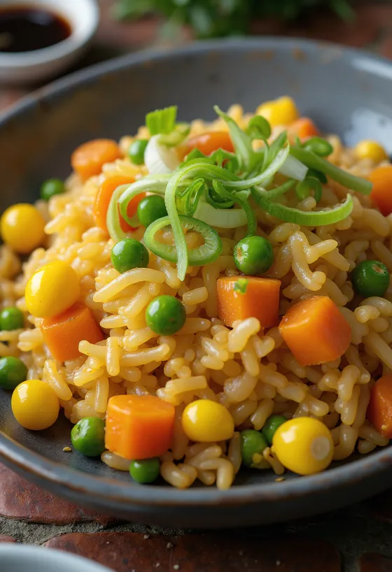 Vegán sült rizs zöldségekkel, frissen tálalva egy wokban.