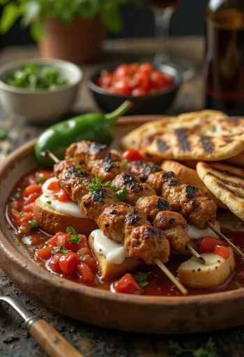 Yoğurtlu Kebab grillezett húsnyársakkal, paradicsomszósszal és joghurttal