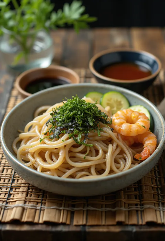 Zaru Soba Tempura, friss, ropogós tempura rákokkal, soba tésztával és friss nori algával tálalva