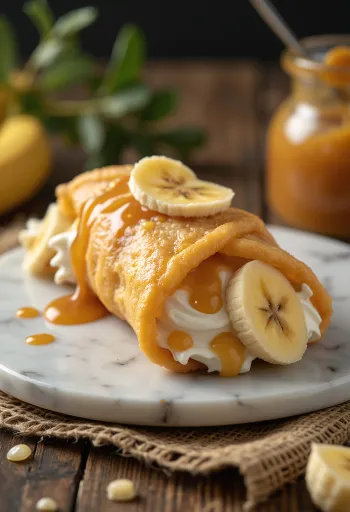 Banános-karamellás cannoli tálalva
