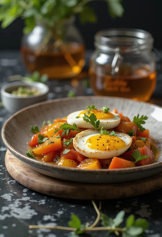 Caponata sült padlizsánnal és mézzel, olívabogyóval és paradicsommal tálalva