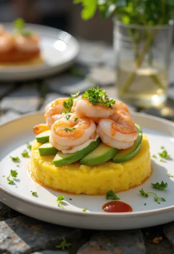 Causa de camarones friss garnélarákkal, lime-mal és korianderrel