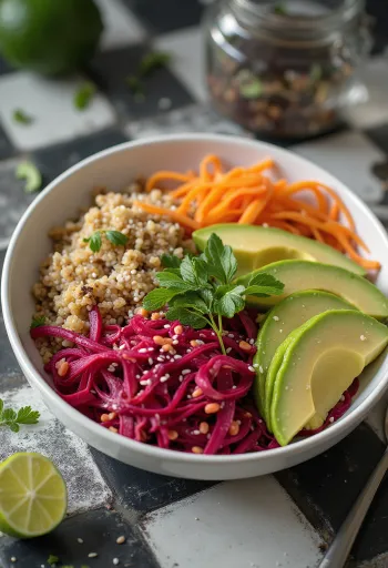 Céklás quinoa Buddha-tál friss zöldségekkel tálalva