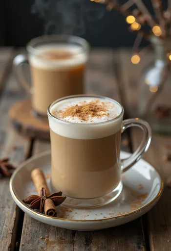 Chai tea latte bögrében, fahéjjal és kardamommal díszítve