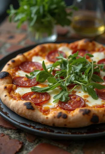 Diavola pizza rukkolával és fűszeres szalámival