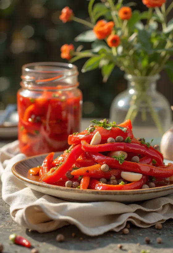 Édes-savanyú savanyított piros paprika csíkok üvegben tálalva