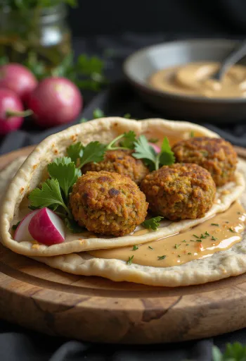 Falafel pita ropogós csicseriborsó golyókkal és tahinivel