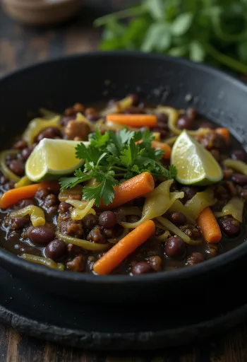 Feijoada vegán, babos étel zöldségekkel, lime-mal és korianderrel tálalva
