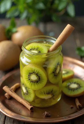 Fűszeres savanyított kiwi üvegben tálalva