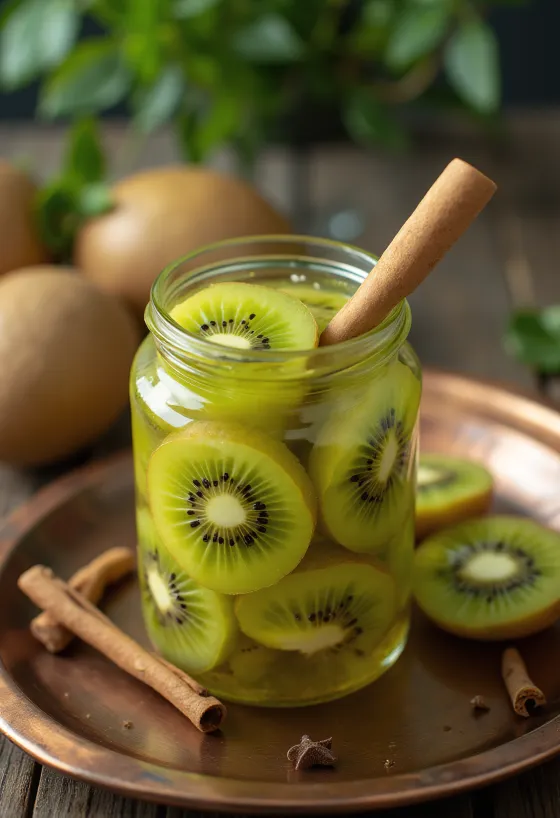 Fűszeres savanyított kiwi üvegben tálalva