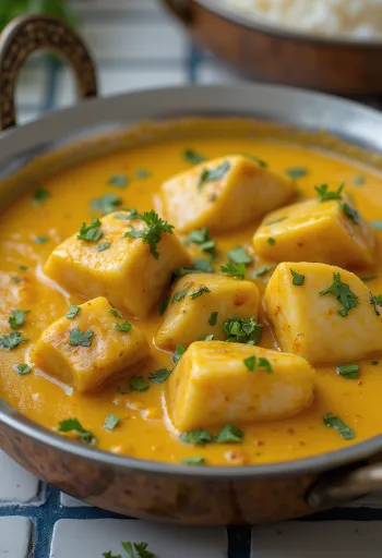 Keralai hal curry sertéshússal, gazdag kókusztejes alapban tálalva
