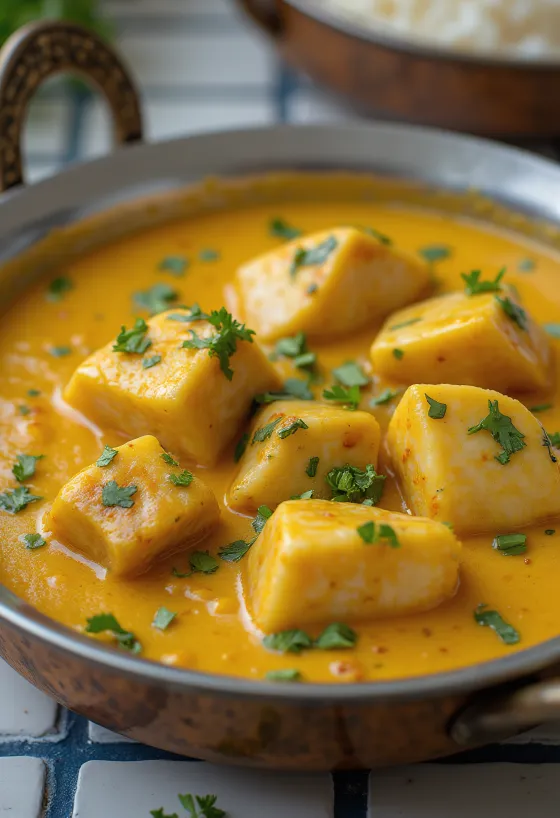 Keralai hal curry sertéshússal, gazdag kókusztejes alapban tálalva