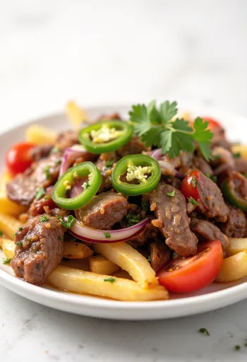 Lomo saltado jalapeñóval, fűszeres marhahús zöldségekkel, jalapeñóval és burgonyával