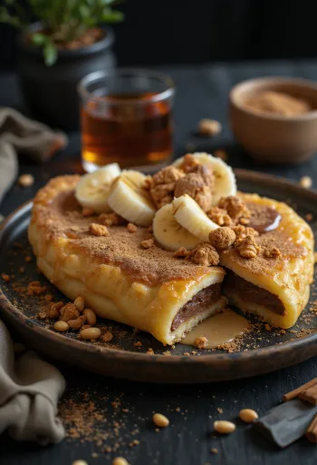 Martabak Manis sűrített tejjel, csokoládéval és banánnal tálalva