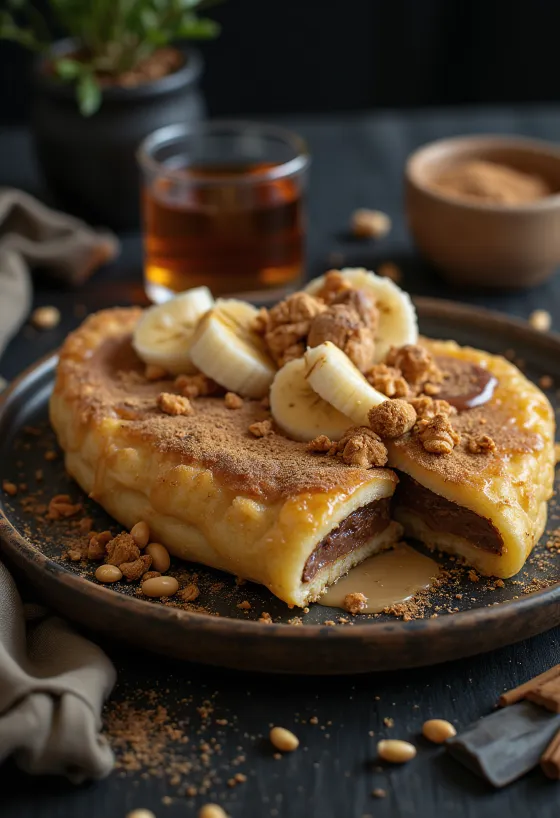 Martabak Manis sűrített tejjel, csokoládéval és banánnal tálalva