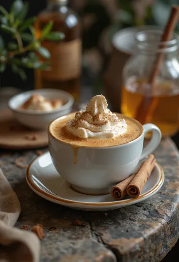 Mézes-fahéjas latte, tejszínhabbal és fahéjrúddal díszítve