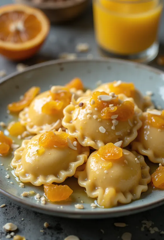 Mézes-kandírozott narancshéjas ravioli tálalva