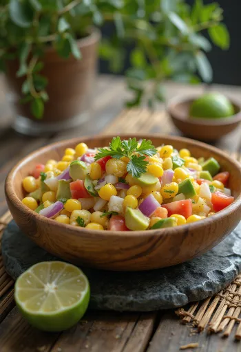 Mote ensalada, kukoricával, paradicsommal és avokádóval