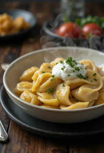 Orosz csirkés pelmeni tejföllel tálalva