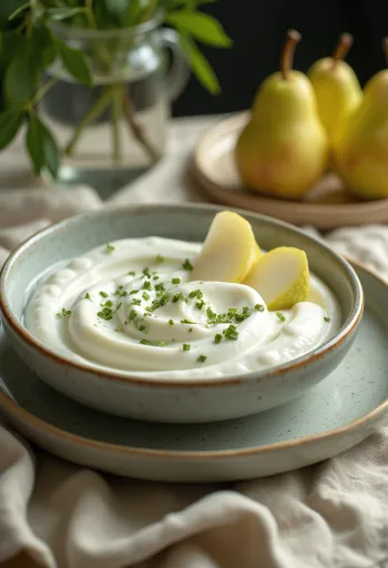 Körtés-mentás joghurt ital poharakban tálalva, krémes világos színben, körtedarabokkal