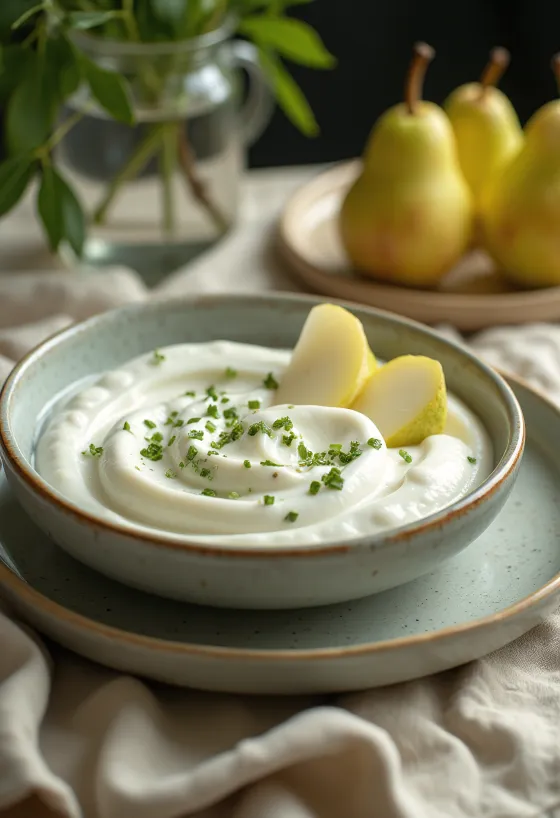 Körtés-mentás joghurt ital poharakban tálalva, krémes világos színben, körtedarabokkal