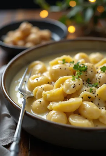 Sajtkrémes gnocchi tálalva