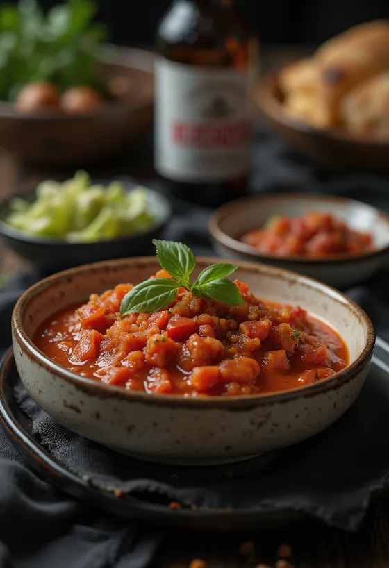Sörös chilis paradicsomszósz tálalva