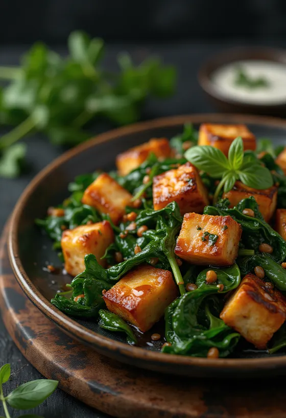 Spenótos tofu falatok tálalva