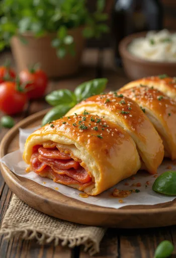 Stromboli pepperonival tálalva, gazdag pepperonival és olvadt mozzarellával a tetején, kívül ropogós és belül puha.