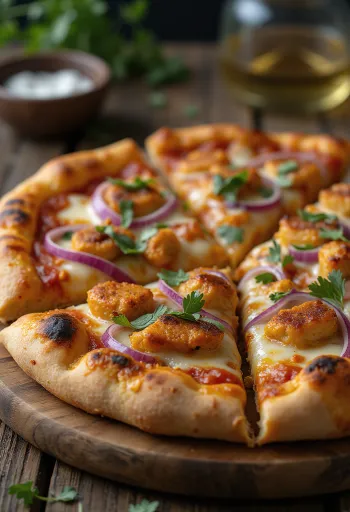Tandoori csirke pizza, fűszeres csirke darabokkal, mozzarella sajttal és korianderrel