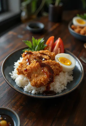 Tonkatsu tál paradicsom, ropogós sertéshús szeletek friss paradicsommal tálalva