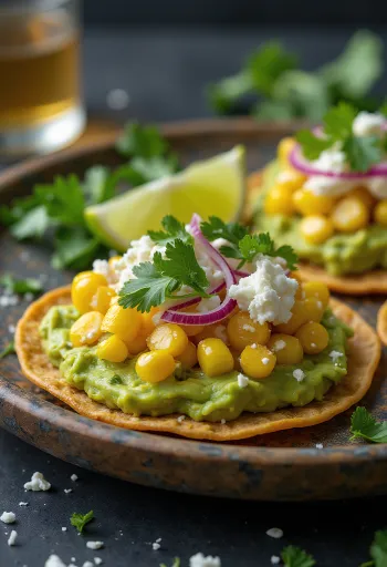 Frissen készített Tostada kukoricával és avokádóval, feta sajttal tálalva.