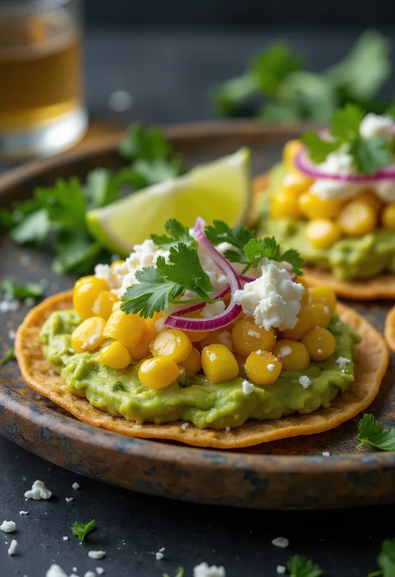 Frissen készített Tostada kukoricával és avokádóval, feta sajttal tálalva.
