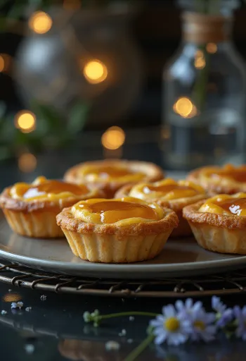 Mini treacle tart tálalva aranybarna tésztával és friss citromhéjjal díszítve
