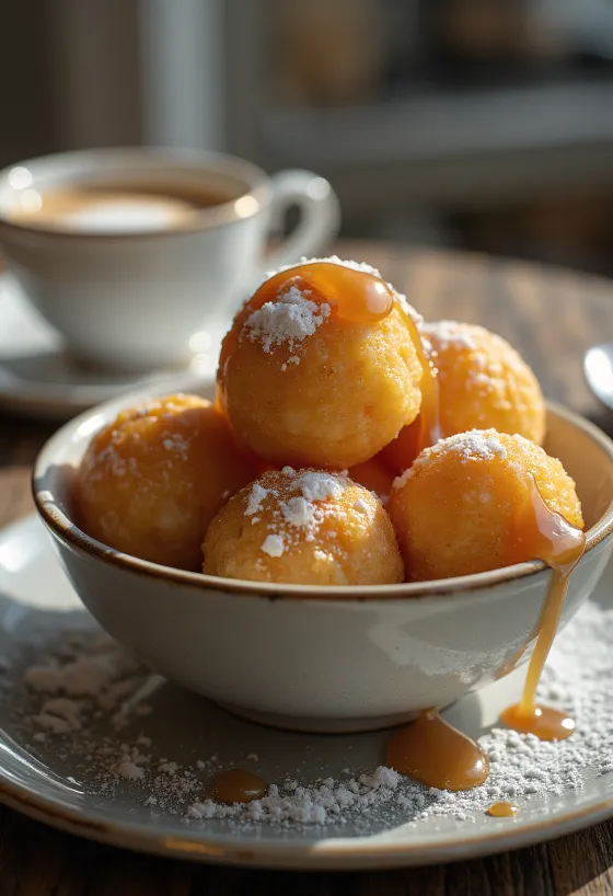Zeppole karamellkrémmel, friss és édes fánk díszítéssel