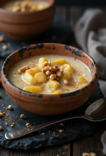 Almás-diós kheer rizs puding diós és kardamomos díszítéssel