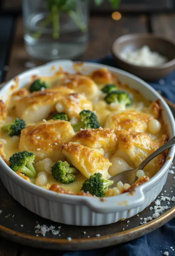 Bacalhau com natas brokkolival tálalva, aranybarnára sült halas étel brokkolival