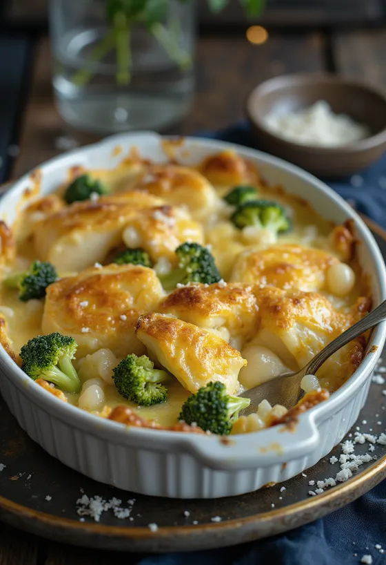 Bacalhau com natas brokkolival tálalva, aranybarnára sült halas étel brokkolival