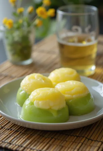 Bánh da lợn pandan és durián rétegekkel, gazdag trópusi ízvilágú desszert